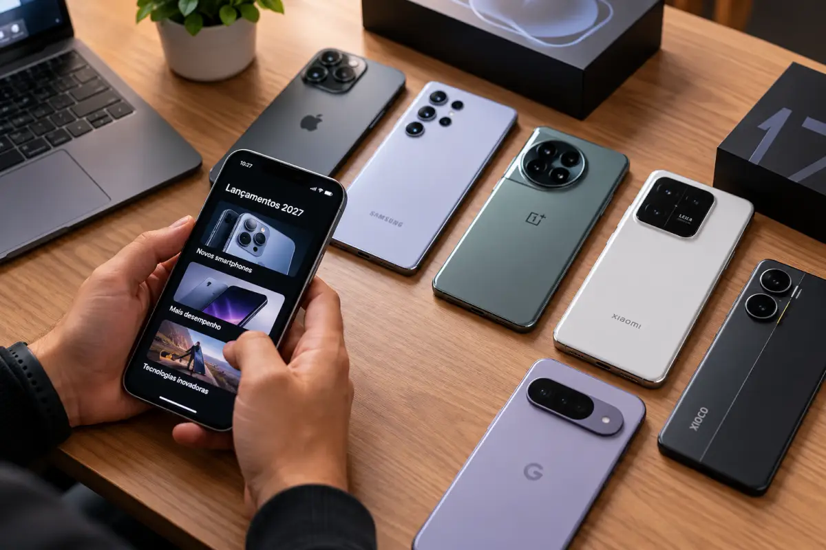 Próximos lançamentos de celular em 2027 sobre uma mesa